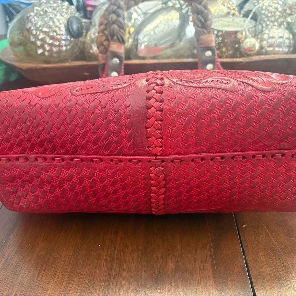 Alejandro Yeo Red Leather Hand Tooled Handbag Tote Like NEW - Picture 6 of 16